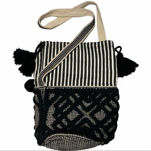 Neiman Marcus Bucket Drawstring Crossbody Tote Bag with Pom Poms and Tassel Ties